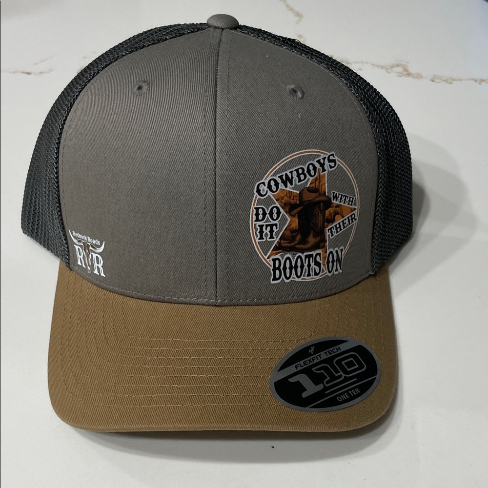 COWBOYS DO IT WITH THEIR BOOTS ON Gray and Brown FlexFit Tech Men’s Hat